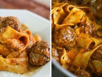 Pappardelle com almôndegas e molho caseiro de tomate, um clássico italiano na sua cozinha